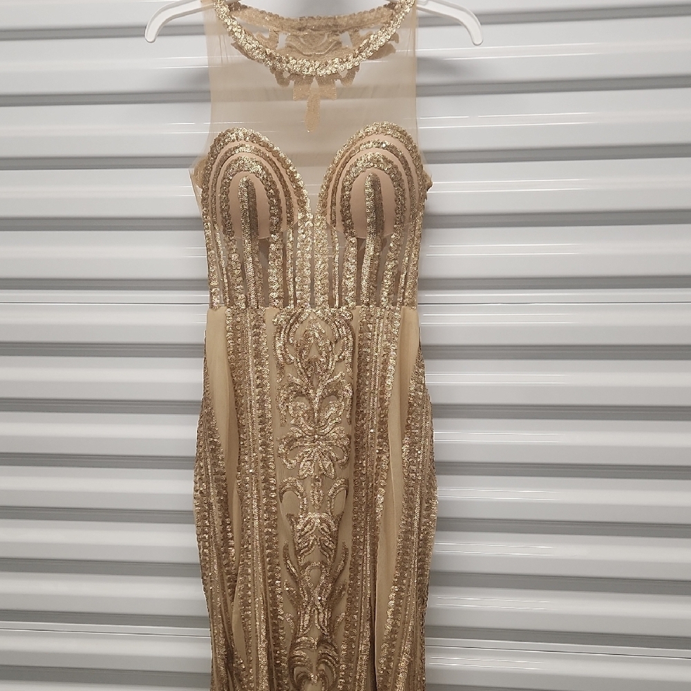 Crystal Design Gold Champagne Sequin  Prom Formal Gown Dress W/  Train Sz 2